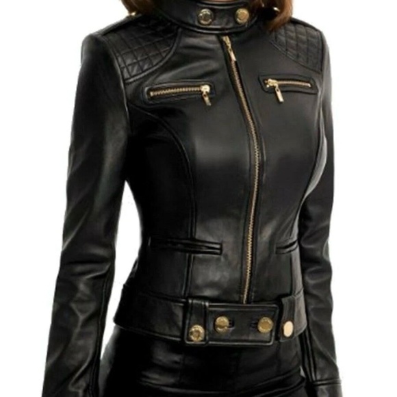 Moda International Jackets & Blazers - Women's Leather Moto Jacket with Gold Hardware